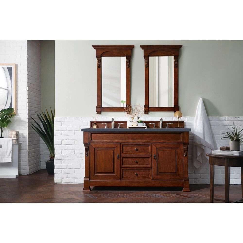 James Martin Vanities Brookfield 60&quot; Double Bathroom Vanity in Warm Cherry with 3 cm Charcoal Soapstone Quartz Top and Rectangle Sink, , large
