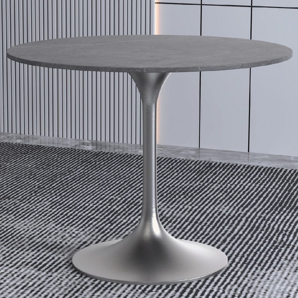 Leisuremod Verve 36&quot; Round Dining Table with Sintered Stone Top in Brushed Chrome and Grey - Table Only, , large