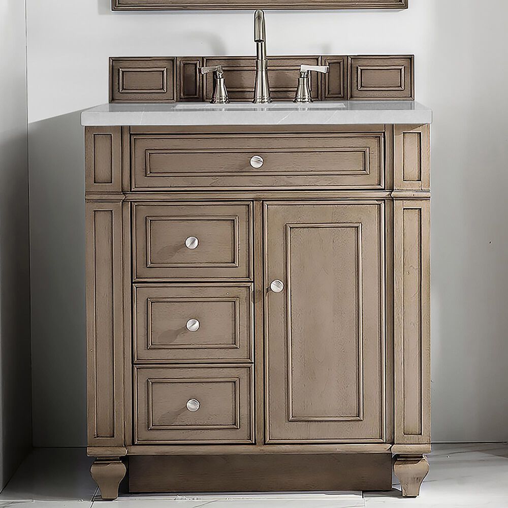 James Martin Bristol 30&quot; Single Bathroom Vanity in Whitewashed Walnut with 3 cm Eternal Serena Quartz Top and Rectangle Sink, , large
