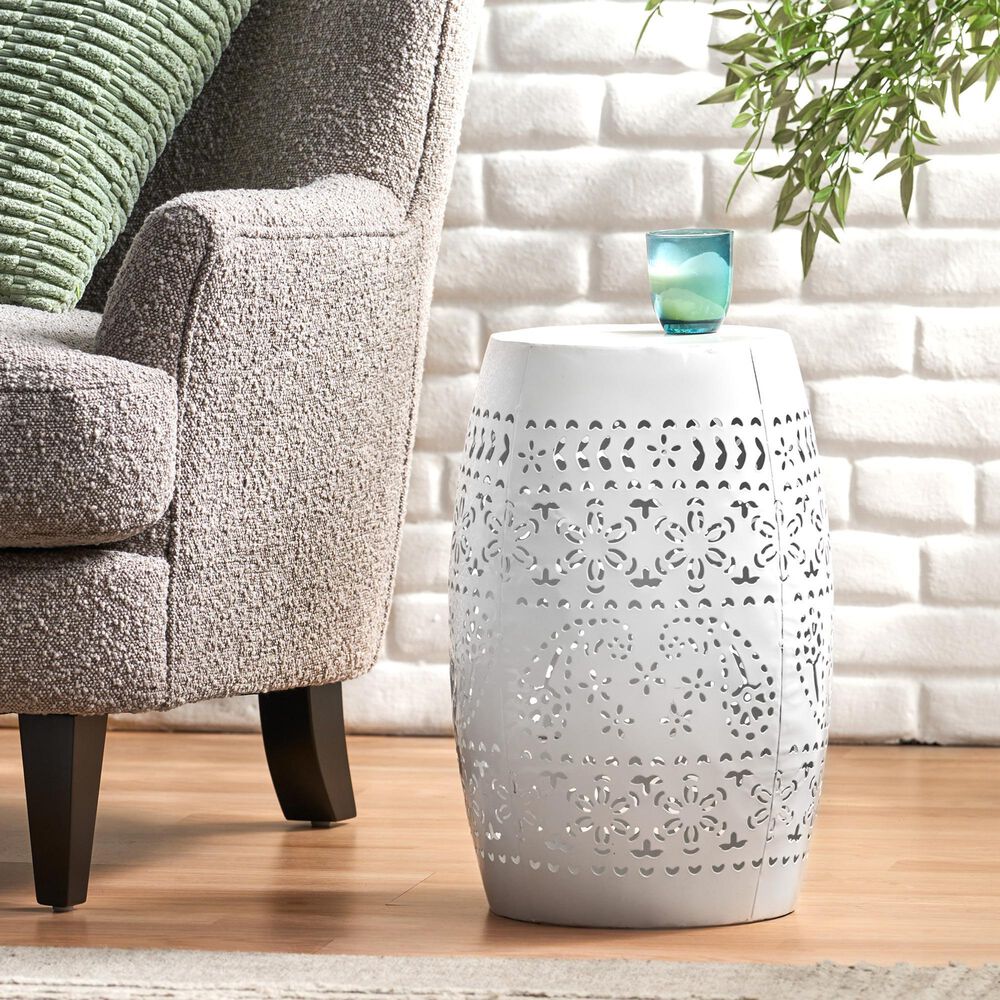Hearth and Haven Ruby Outdoor Barrel End Table with Lace-Cut Design in White, , large