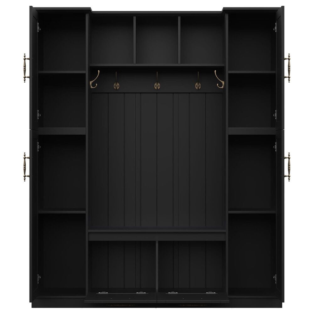 HOMLUX 5-Hook Hall Tree with 4 Side Cabinets and Storage Bench in Black, , large