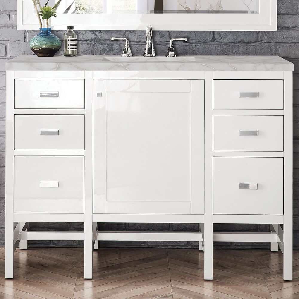 James Martin Vanities Addison 48" Single Bathroom Vanity in Glossy White with 3 cm Victorian Silver Quartz Top and Rectangular Sink, , large