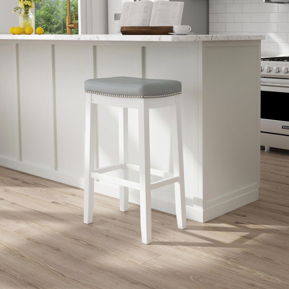 Linon Home Decor Claridge Bar Stool with Light Grey Cushion in White, , large