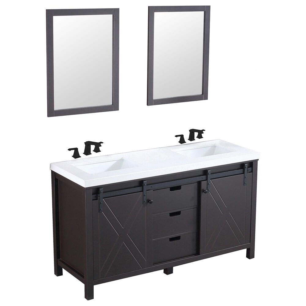 Lexora Home Marsyas 60" Double Bathroom Vanity in Brown with White Quartz Top, Rectangle Sinks, Matte Black Faucets and Mirrors, , large