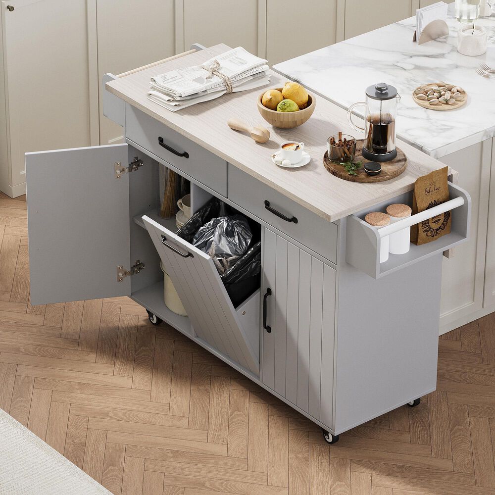 HOMLUX 51" Kitchen Island with Trash Can Storage Cabinet in Grey, , large