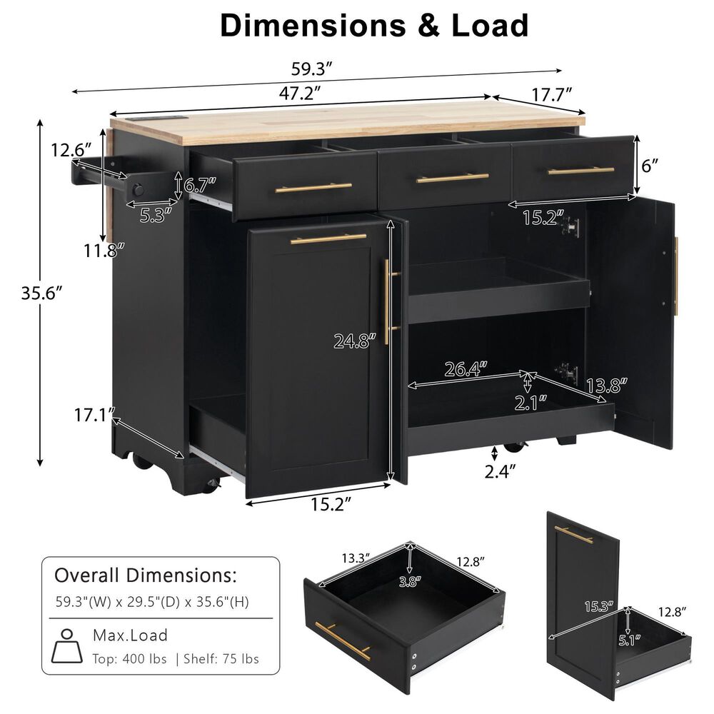 HOMLUX 59.3'' Kitchen Island with Trash Can Storage in Black and Natural, , large