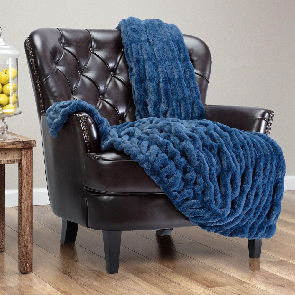 50&quot; x 65&quot; Ruched Faux Fur Throw Blanket in Blue, , large