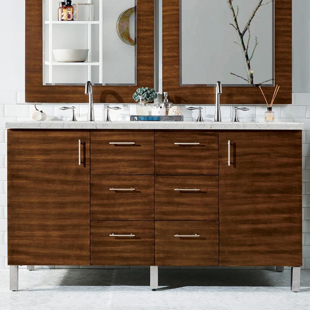 James Martin Vanities Metropolitan 60&quot; Double Bathroom Vanity in American Walnut with 3 cm Eternal Jasmine Pearl Quartz Top and Rectangular Sinks, , large
