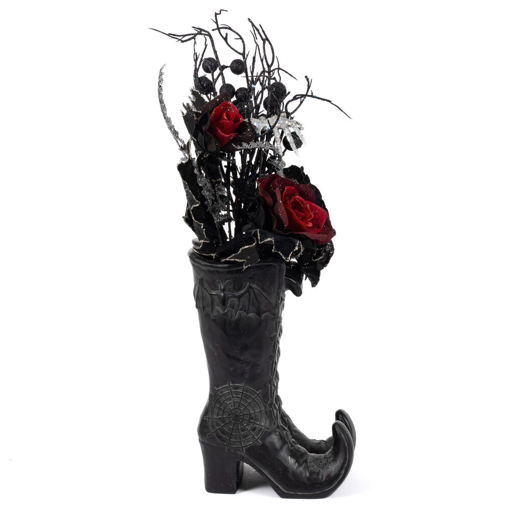 The Gerson Company 22&quot;H Resin Halloween Witch Boots with Floral Arrangement in Black, , large