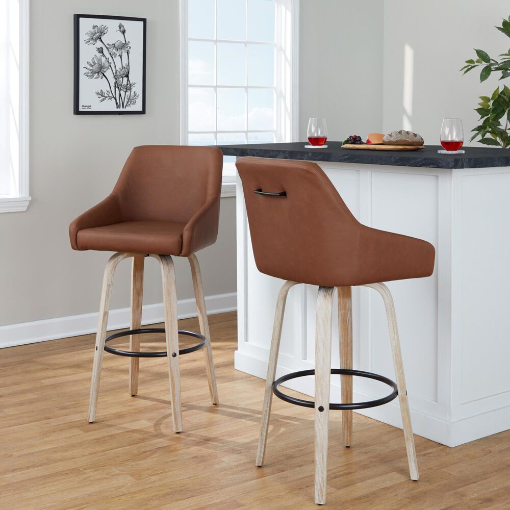 LumiSource Hannah Swivel Bar Stool with Camel Faux Leather Upholstery in Whitewashed and Black (Set of 2), , large