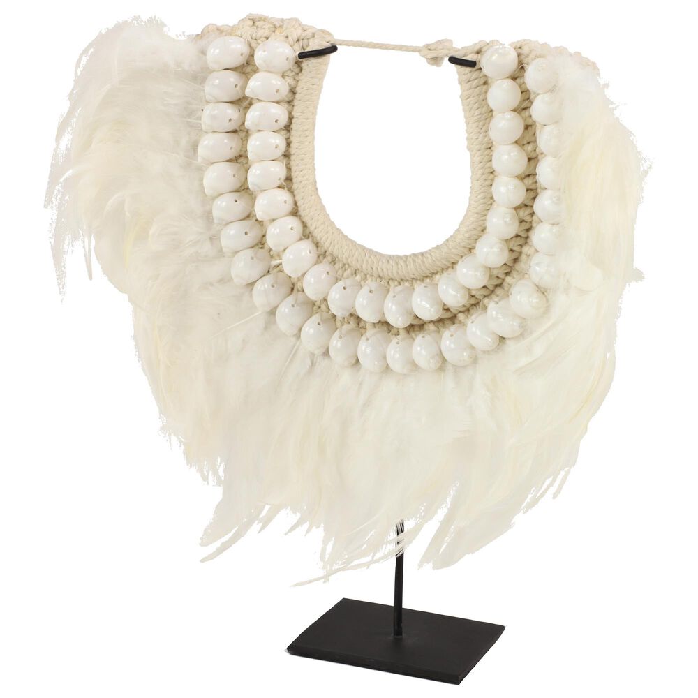 Maple and Jade 13" Eclectic Feather and Shell Necklace Sculpture in Bright White and Light Beige, , large