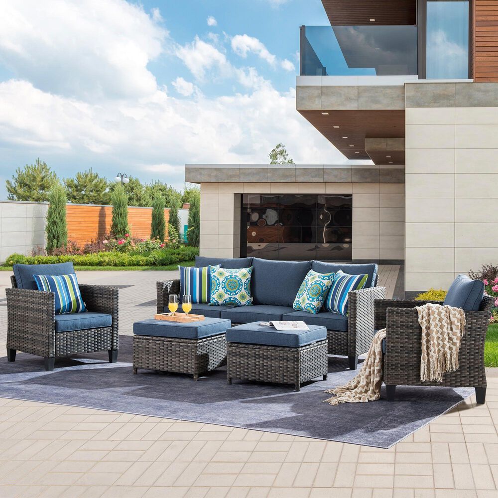 HOMLUX HOMLUX 5-Piece Outdoor Wicker Patio Furniture Set, High Back Rattan Sofa with Chairs, Ottomans &amp; Cushions in Denim Blue, , large