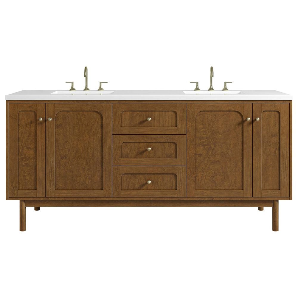 James Martin Laurent 72" Double Bathroom Vanity in Honey Oak with 3 cm White Zeus Silestone Top and Rectangular Sinks, , large