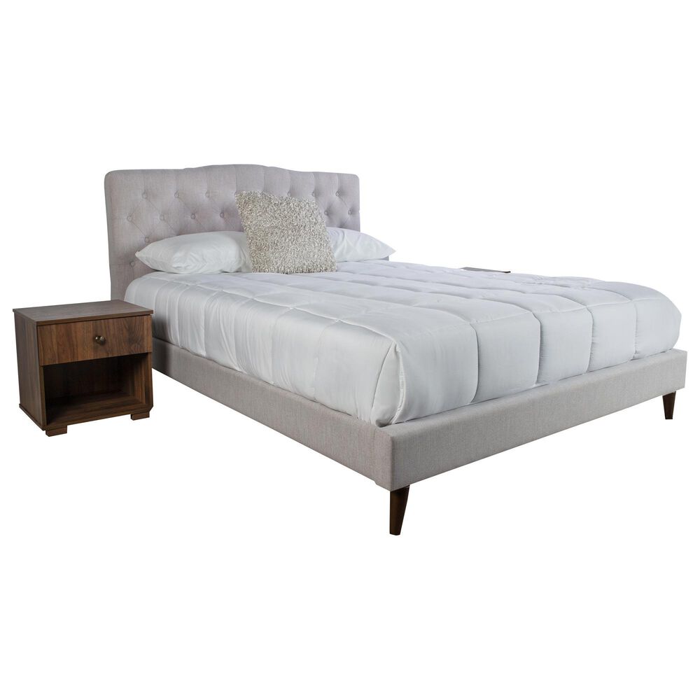 Hearth and Haven Queen Upholstered Bed with Two Nightstands in Walnut, , large