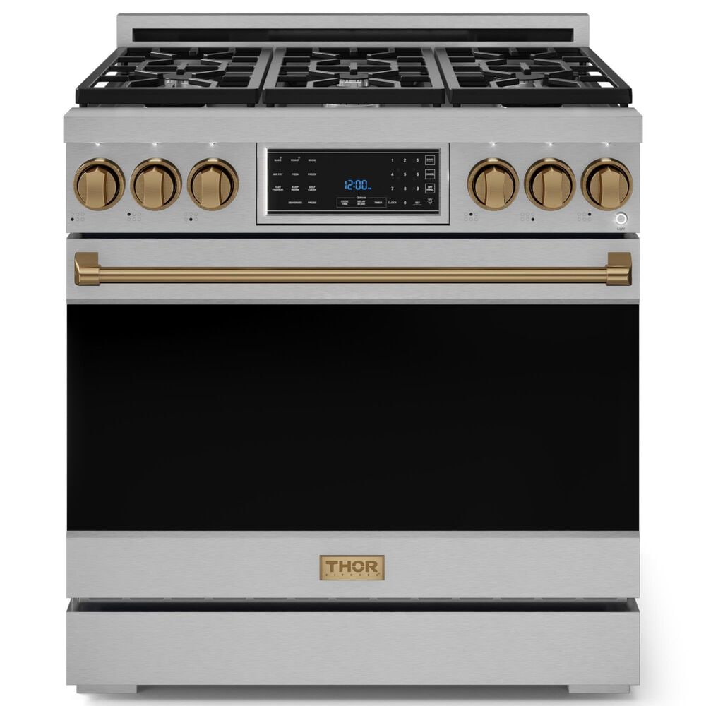 THOR KITCHEN Gordon Ramsay 6 Cu. Ft. 36" Professional Natural Gas Range with Bronze Handle Kit in Stainless Steel, , large