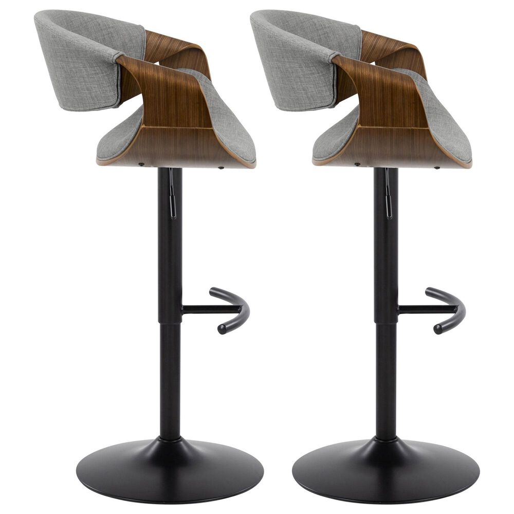 LumiSource Curvo Swivel Adjustable Barstool with Light Grey Upholstery in Black and Walnut (Set of 2), , large