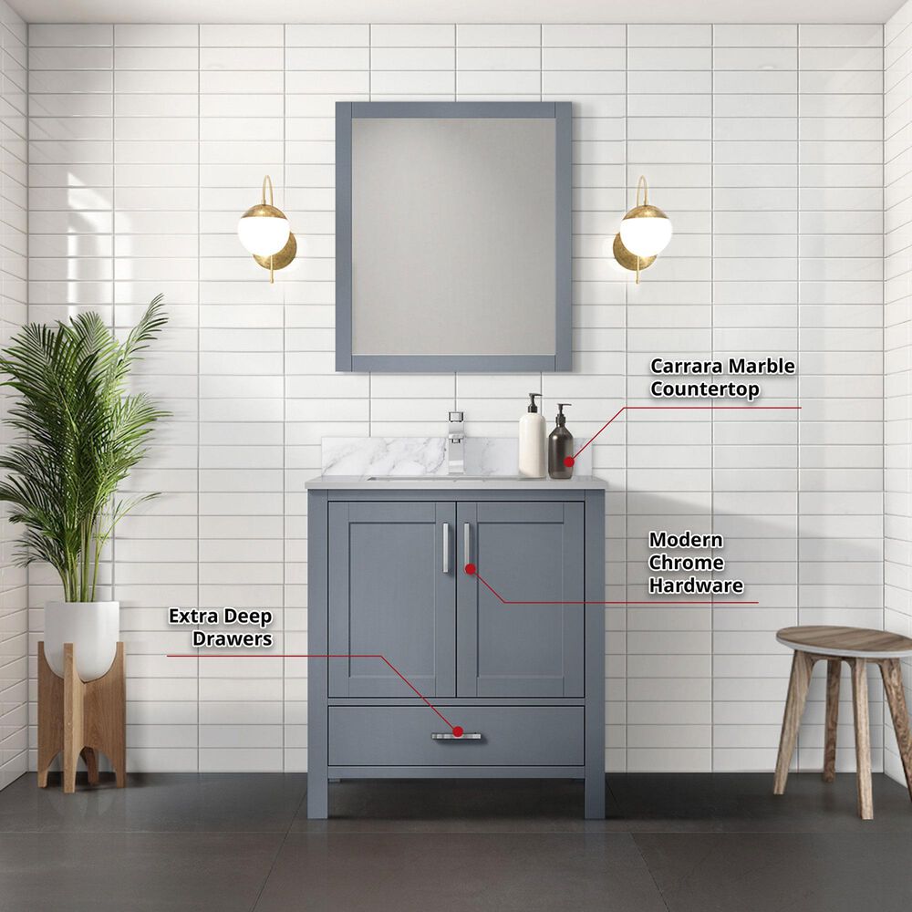 Lexora Home Jacques 30&quot; Single Bathroom Vanity in Dark Grey with 2 cm White Carrara Marble Top and Rectangular Sink, , large