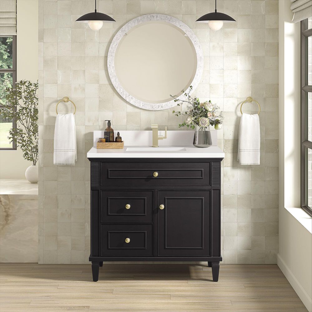 James Martin Vanities Lorelai 36&quot; Single Vanity in Black Onyx with Single Hole 3 cm White Zeus Quartz Top &amp; Backsplash, , large