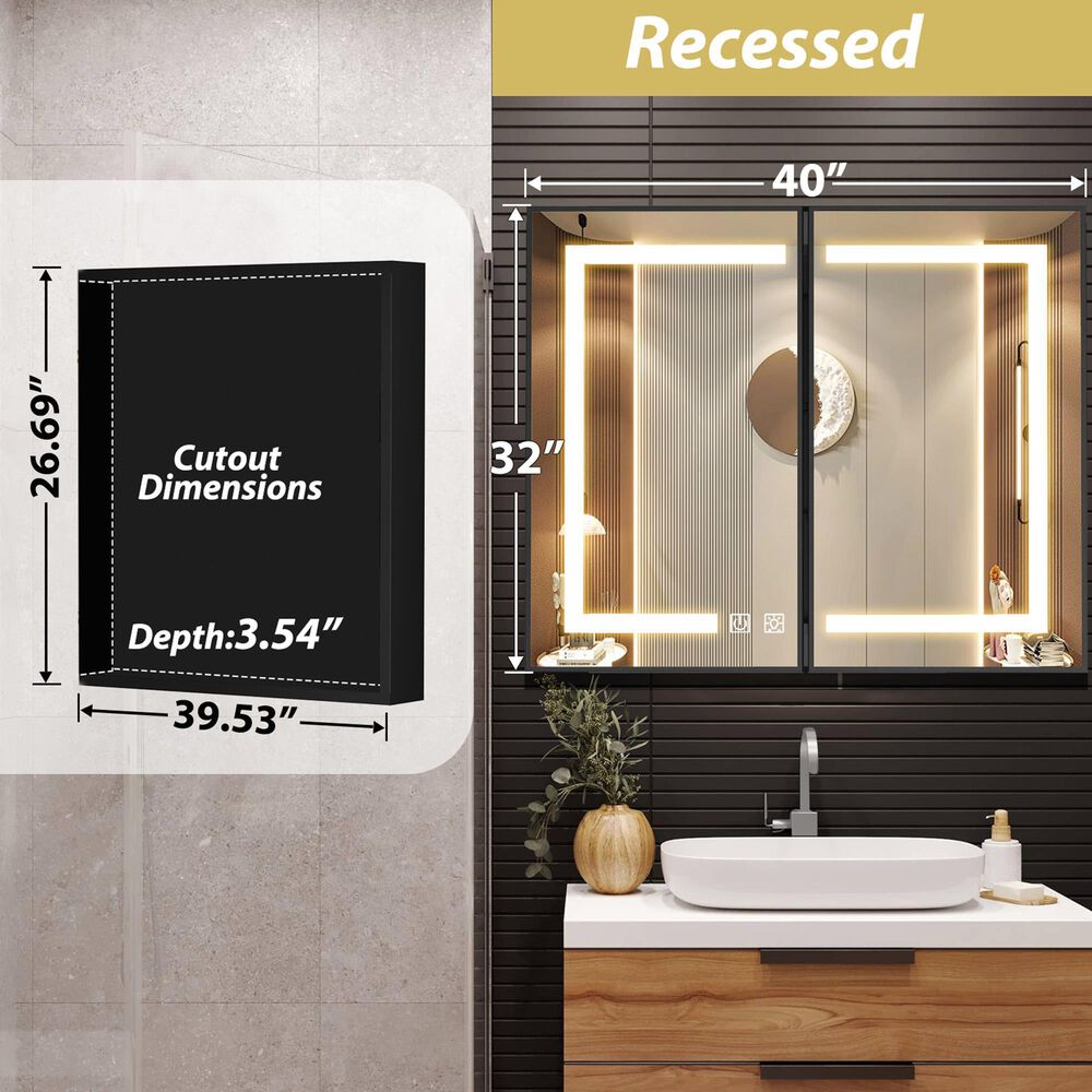 HOMLUX 40" x 32" Bathroom Medicine Cabinet with Mirror in Black, , large