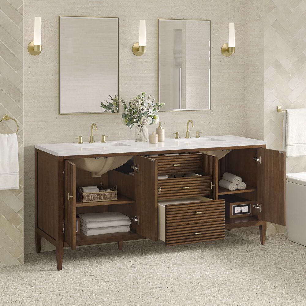 James Martin Vanities Mirin 72&quot; Double Vanity in Mid-Century Walnut with 3 cm Arctic Fall Solid Surface Top, , large