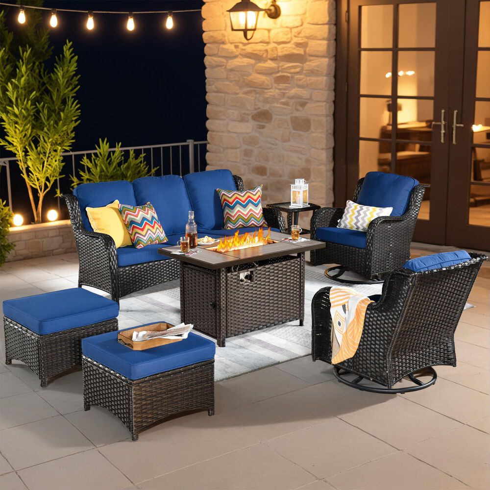HOMLUX 7-Piece Patio Set with 42 Inch Fire Pit Table, Outdoor Wicker Sofa and Swivel Rocking Chairs, Brown Rattan in Navy Blue, , large