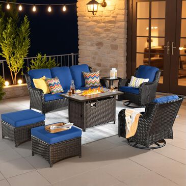 HOMLUX 7-Piece Patio Set with 42 Inch Fire Pit Table, Outdoor Wicker Sofa and Swivel Rocking Chairs, Brown Rattan in Navy Blue, , large
