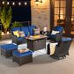 HOMLUX 7-Piece Patio Set with 42 Inch Fire Pit Table, Outdoor Wicker Sofa and Swivel Rocking Chairs, Brown Rattan in Navy Blue, , large