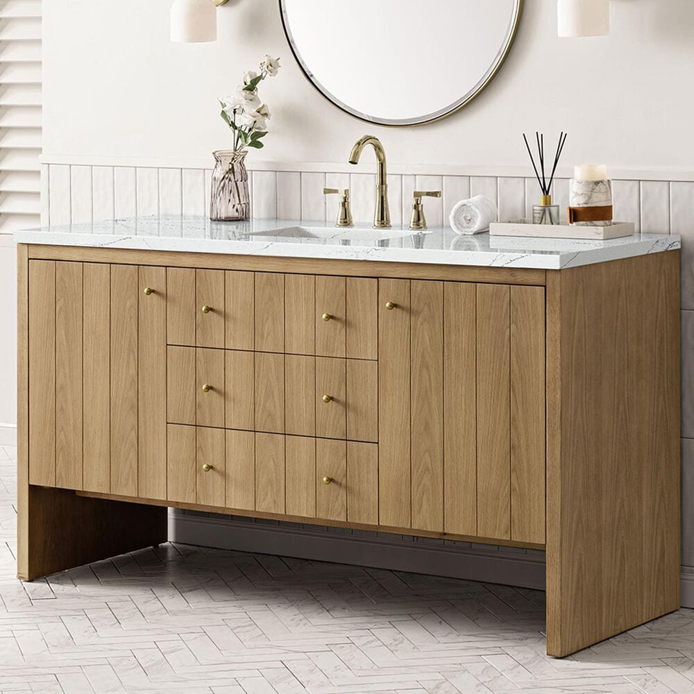 James Martin Vanities Hudson 60" Single Bathroom Vanity in Light Natural Oak with 3 cm Ethereal Noctis Quartz Top, Rectangular Sink and FreePower Wireless Charger, , large