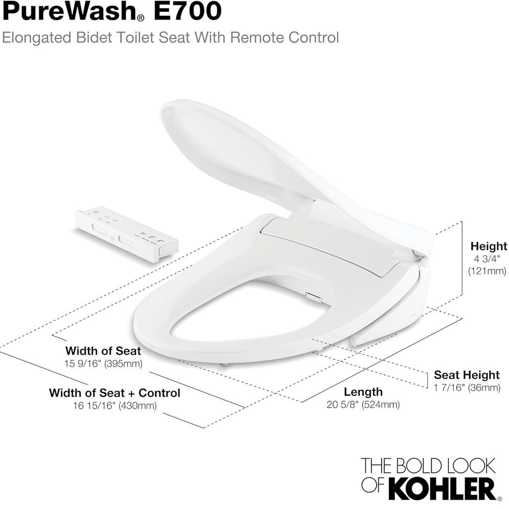Kohler PureWash E700 Elongated Bidet Toilet Seat with Remote Control in White, , large
