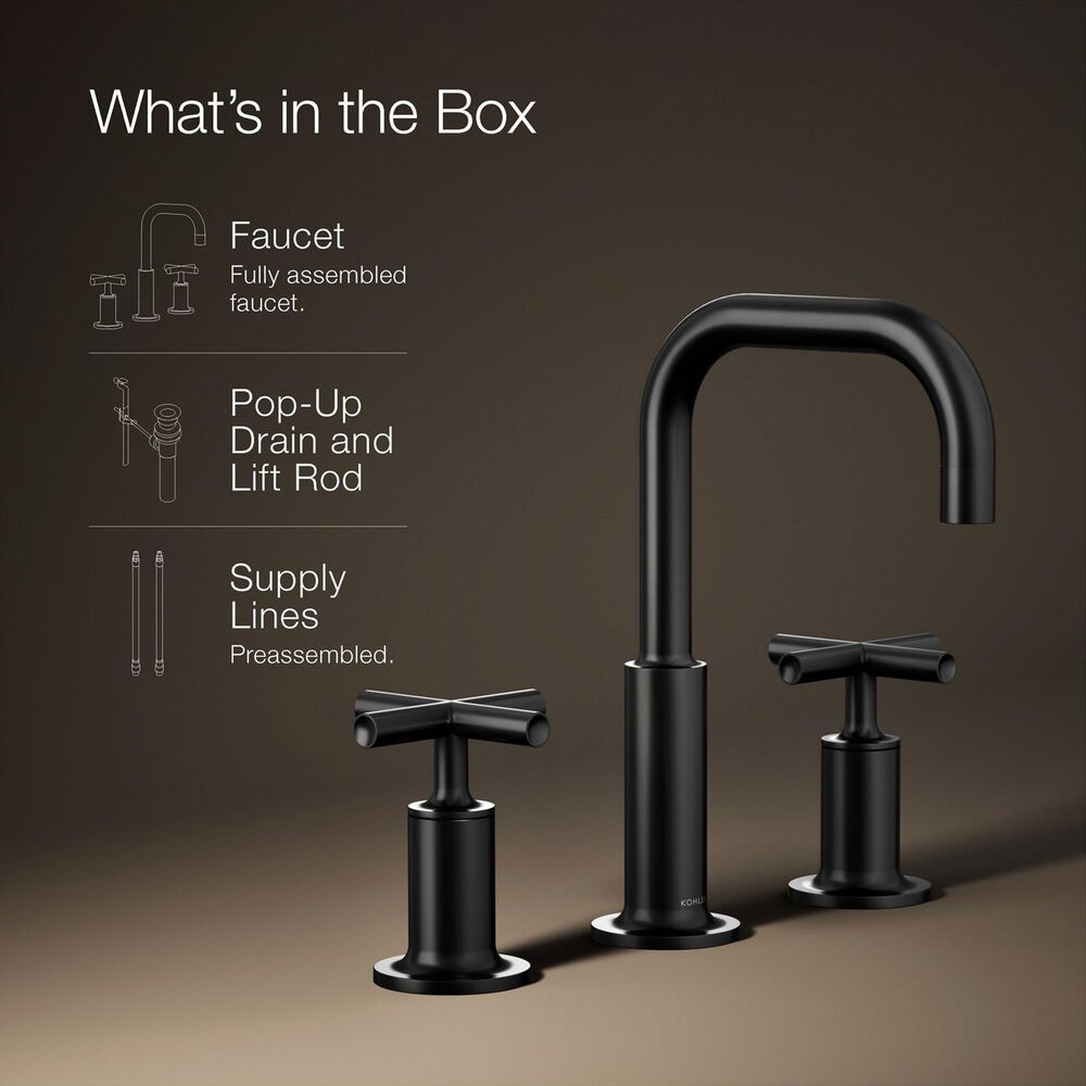 Kohler Purist Widespread Bathroom Sink Faucet with Cross Handles and High Gooseneck Spout in Matte Black, , large