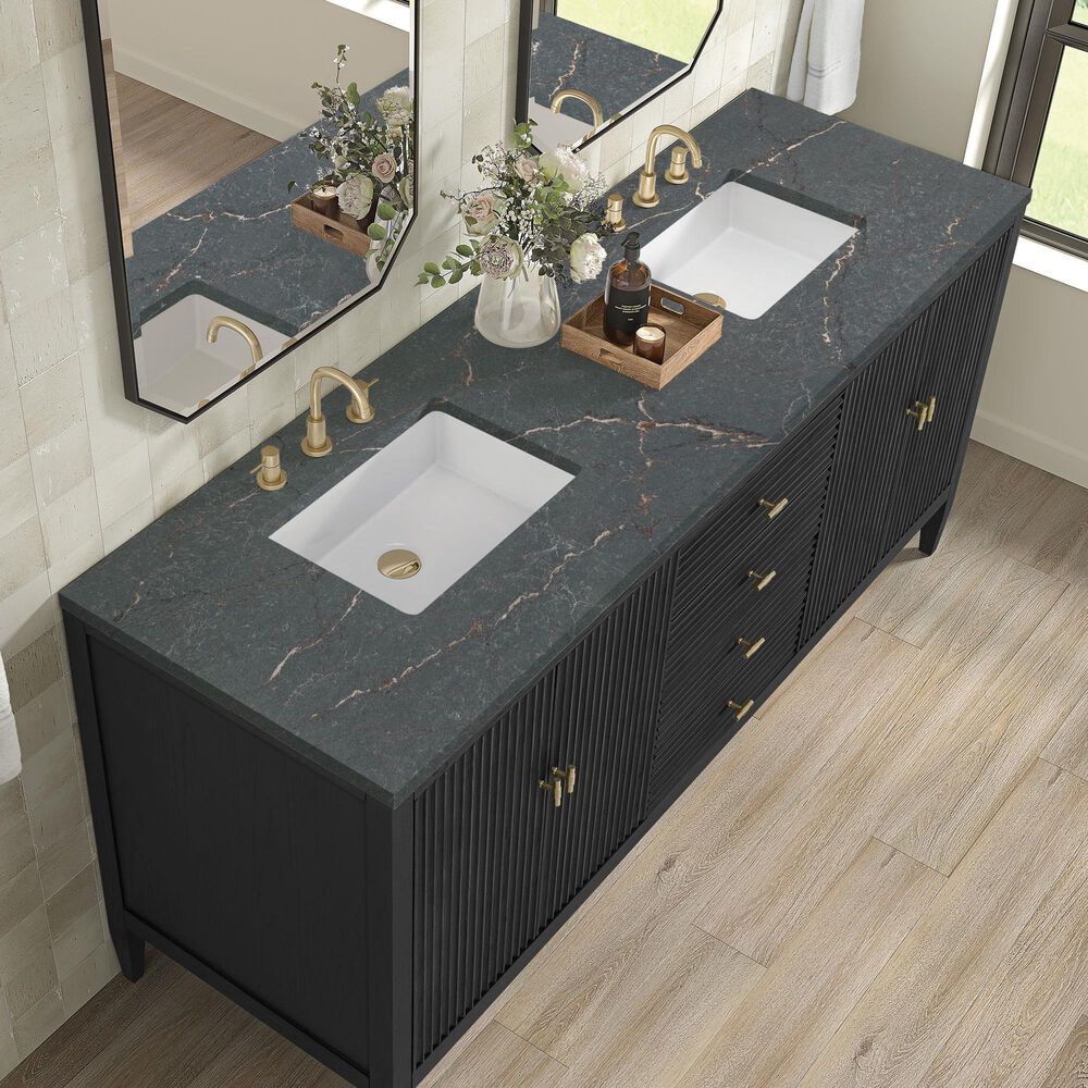 James Martin Vanities Myrrin 72" Double Bathroom Vanity in Carbon Oak with 3 cm Eternal Jasmine Pearl Silestone Top, Rectangular Sinks and FreePower Wireless Charger, , large