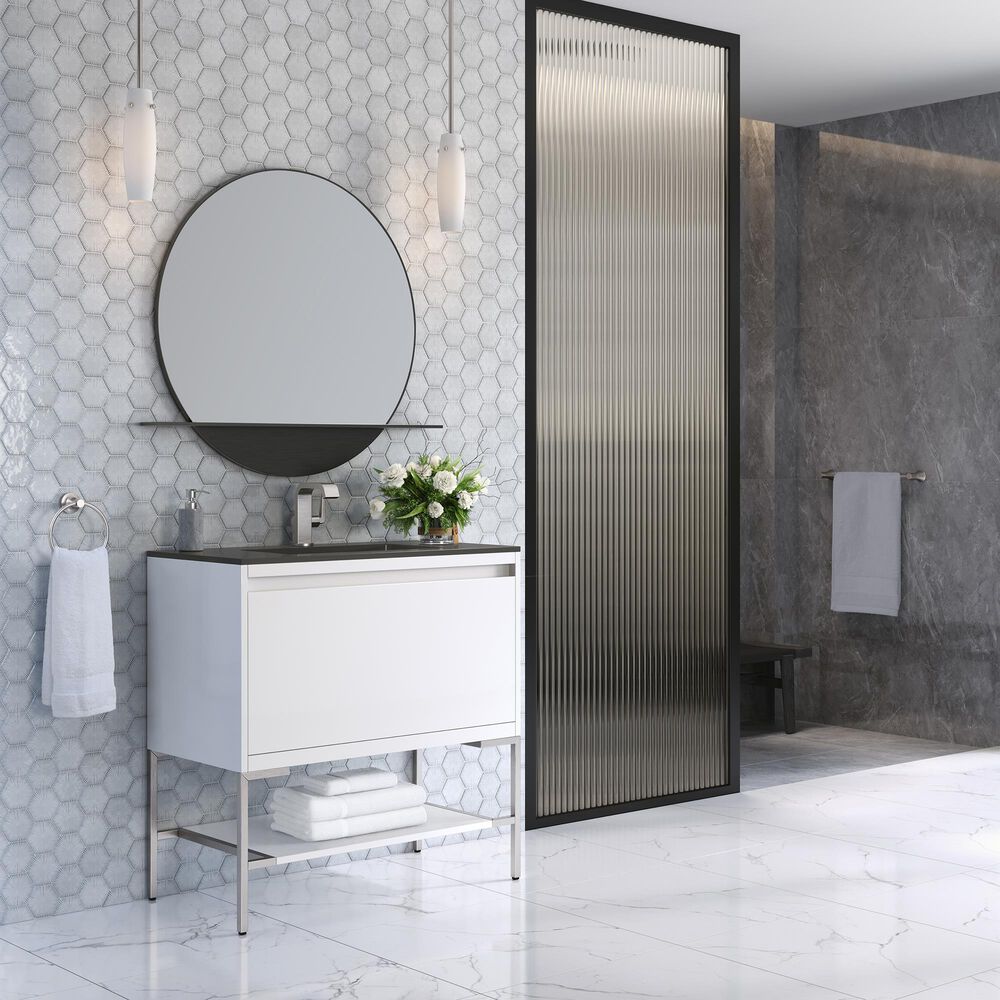 James Martin Vanities Mantova 35.4&quot; Single Bathroom Vanity in Glossy White and Brushed Nickel with 2 cm Charcoal Black Resin Countertop and Rectangular Sink, , large