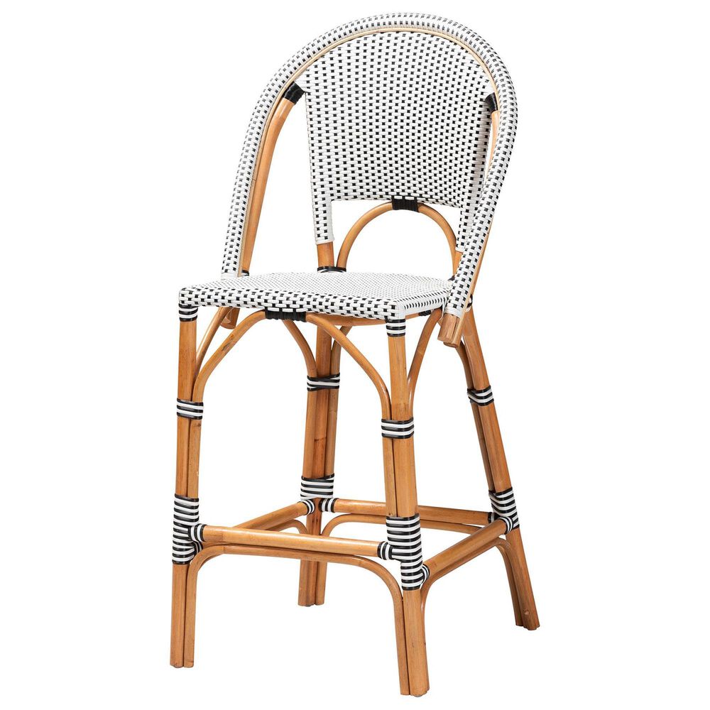 Baxton Studio Genica Bar Stool with Two-Tone Black and White Weaving in Natural Rattan, , large