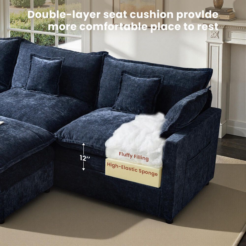 HOMLUX 107.87" Ultra-Comfort Chenille Sectional Sofa Set in Dark Blue, , large