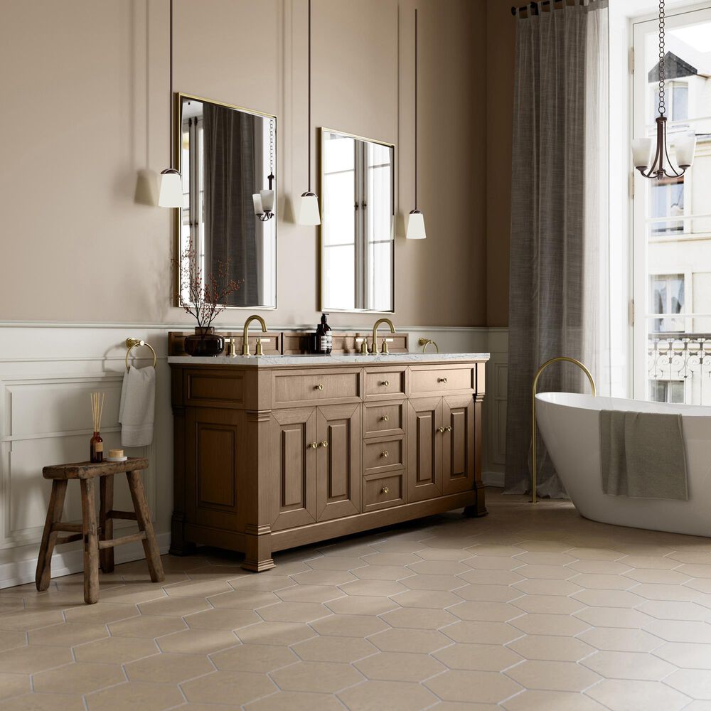 James Martin Vanities Brookfield 72&quot; Double Bathroom Vanity in Pecan with 3cm Eternal Jasmine Pearl Quartz Top and Rectangular Sinks, , large