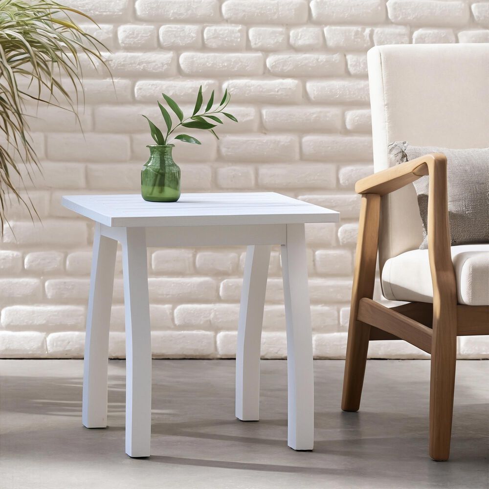 Hearth and Haven Selma Outdoor End Table with Slatted Top and Curved Legs in White, , large