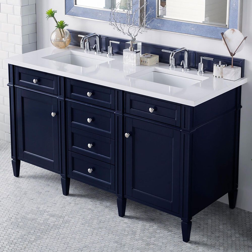 James Martin Vanities Brittany 60&quot; Double Bathroom Vanity in Victory Blue with Single Hole 3 cm White Zeus Quartz Top and Rectangular Sinks, , large