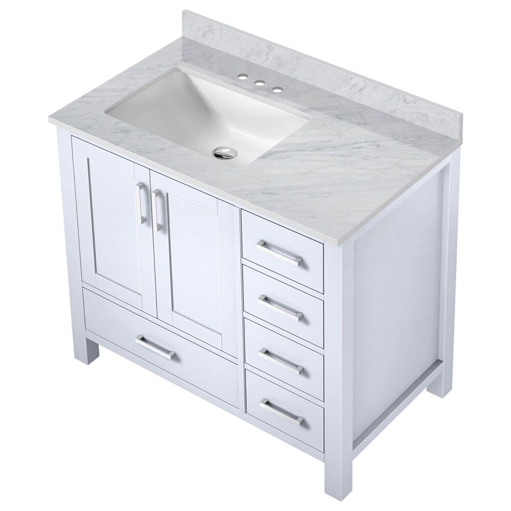 Lexora Home Jacques 36&quot; Left Offset Single Bathroom Vanity in White with 2 cm White Carrara Marble Top and Rectangular Sink, , large
