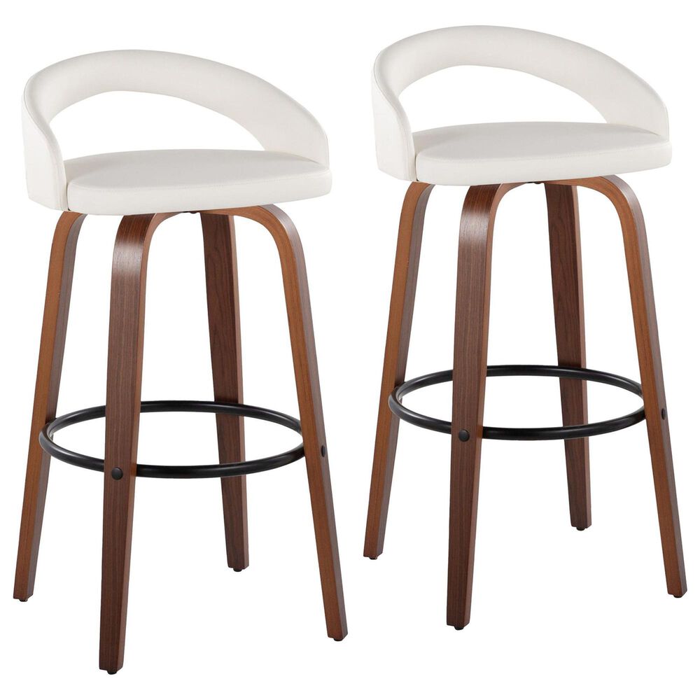 LumiSource Grotto Swivel Bar Stool with White Faux Leather Upholstery in Walnut Wood and Black (Set of 2), , large
