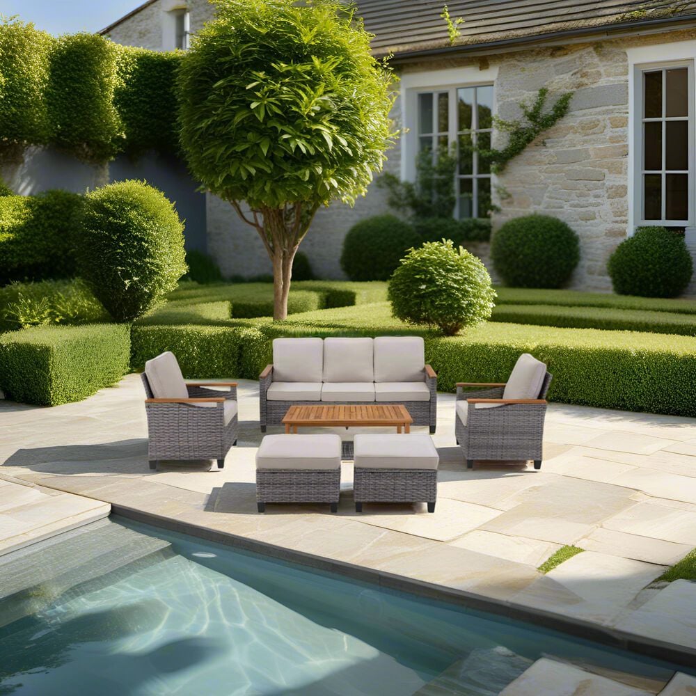 Sunwell Garden 32"H 3-Seater Outdoor Sofa with Acacia Wood Armrests and Beige Cushions in Gray, , large