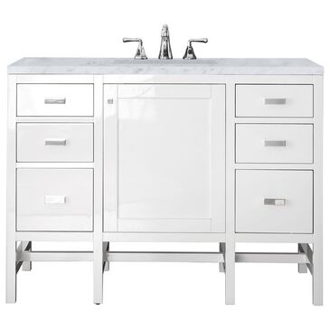 James Martin Addison 48" Single Bathroom Vanity in Glossy White with 3 cm Carrara White Marble Top and Rectangular Sink, , large