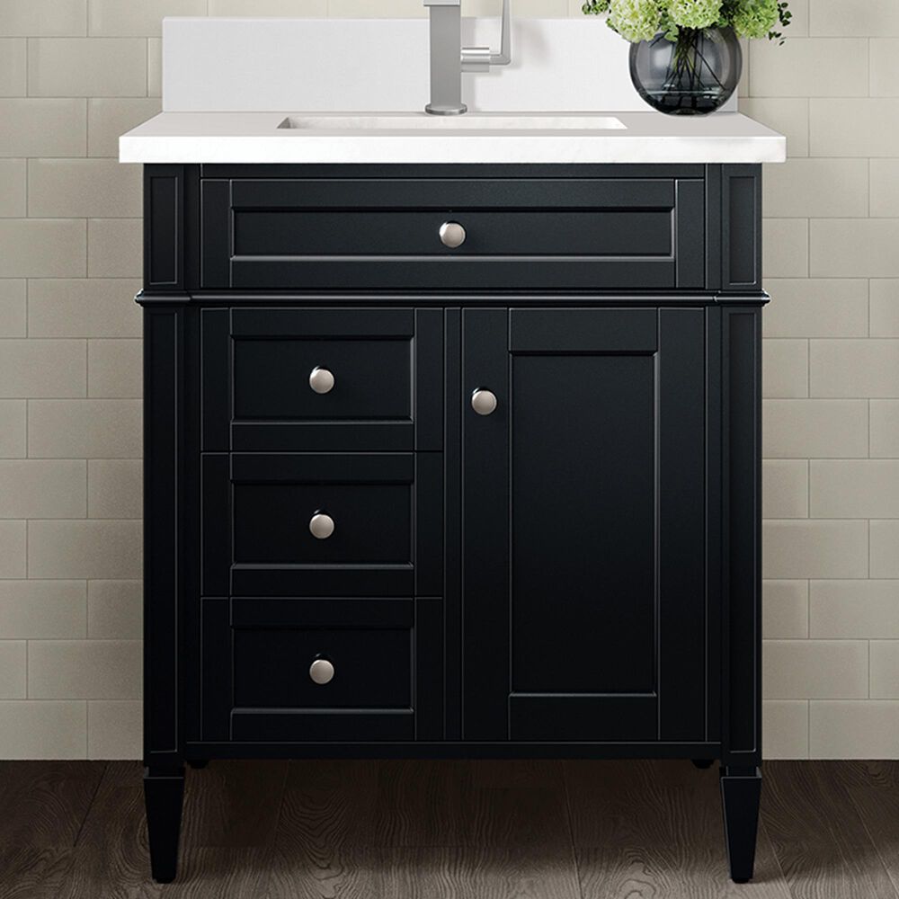 James Martin Vanities Brittany 30" Single Bathroom Vanity in Black Onyx with Single Hole 3 cm White Zeus Quartz Top and Rectangular Sink, , large
