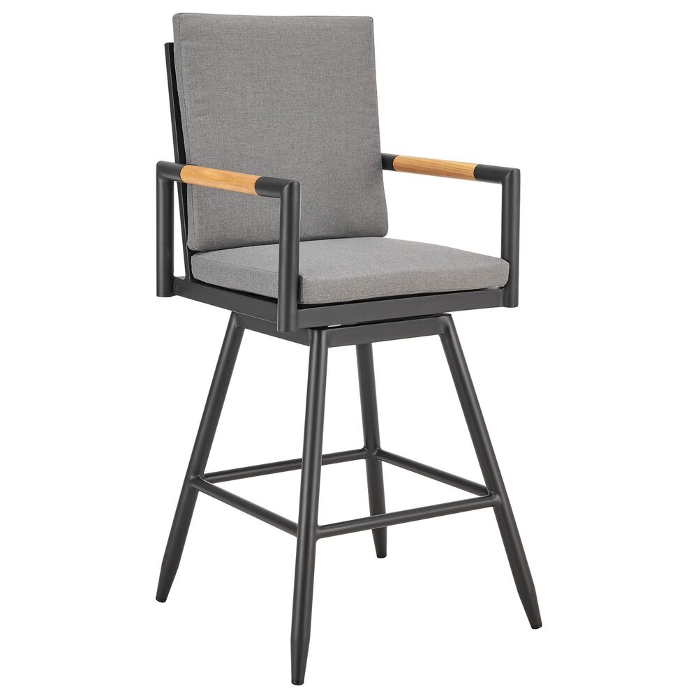 Armen Living Crown Patio Swivel Bar Stool with Dark Gray Cushion in Black, , large