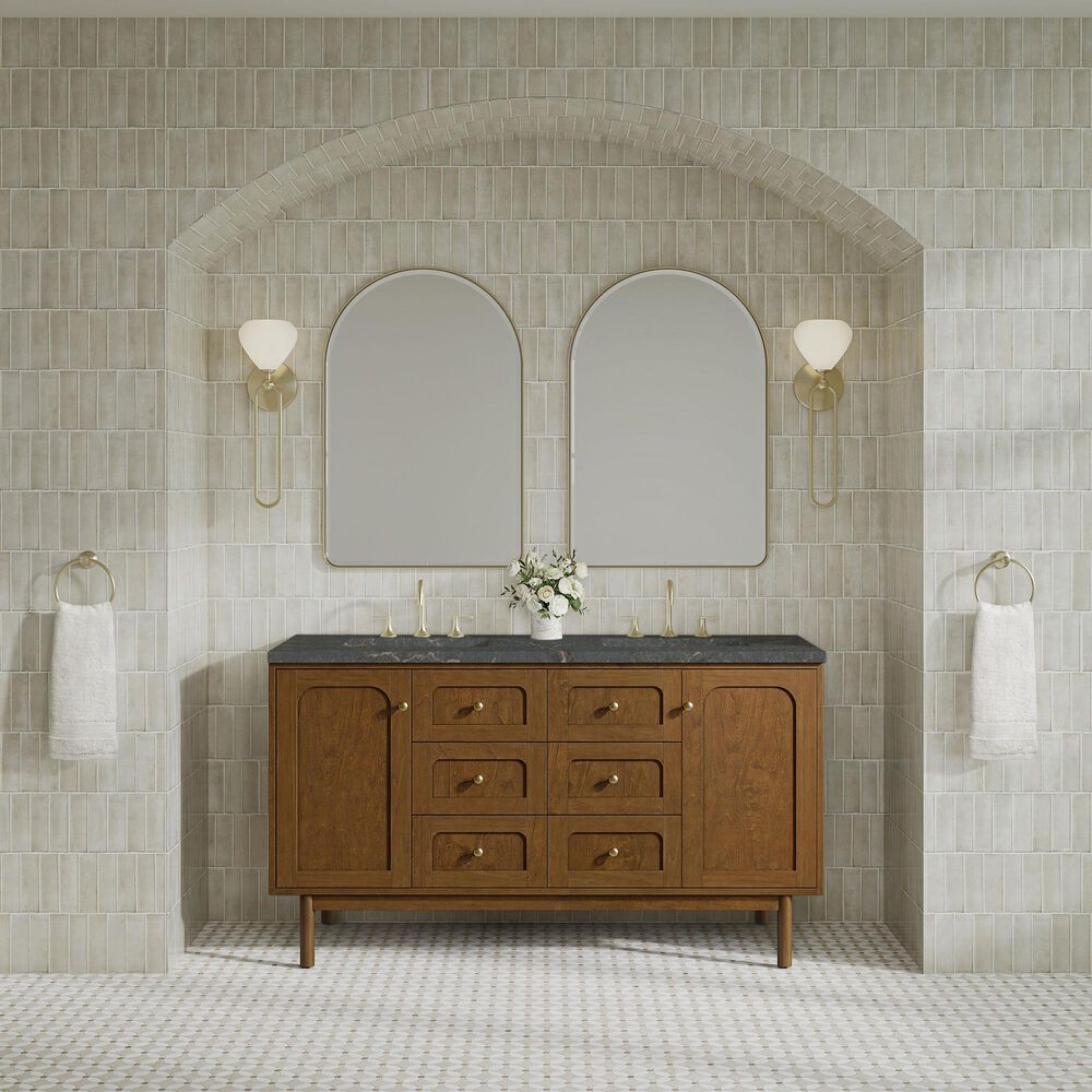 James Martin Laurent 60" Double Bathroom Vanity in Honey Oak with 3 cm Parisien Bleu Silestone Top, Rectangular Sinks and FreePower Wireless Charger, , large