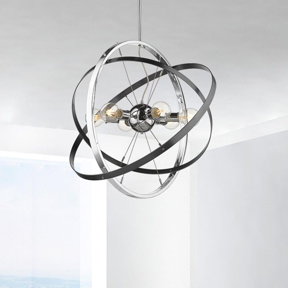 Golden Lighting Atom 6-Light Chandelier in Chrome with Black Brushed Steel Accent Rings, , large
