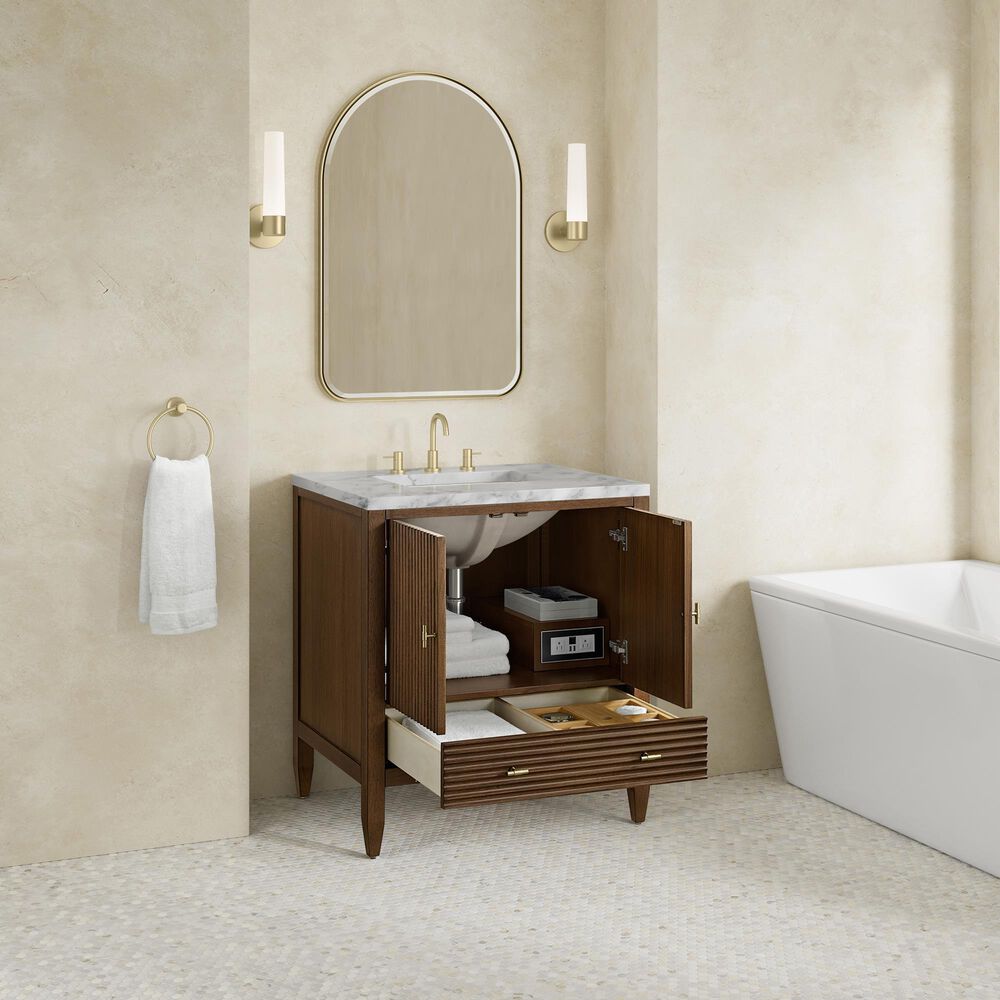 James Martin Myrrin 30" Single Bathroom Vanity in Mid-Century Walnut with 3 cm Carrara Marble Top and Rectangular Sink, , large