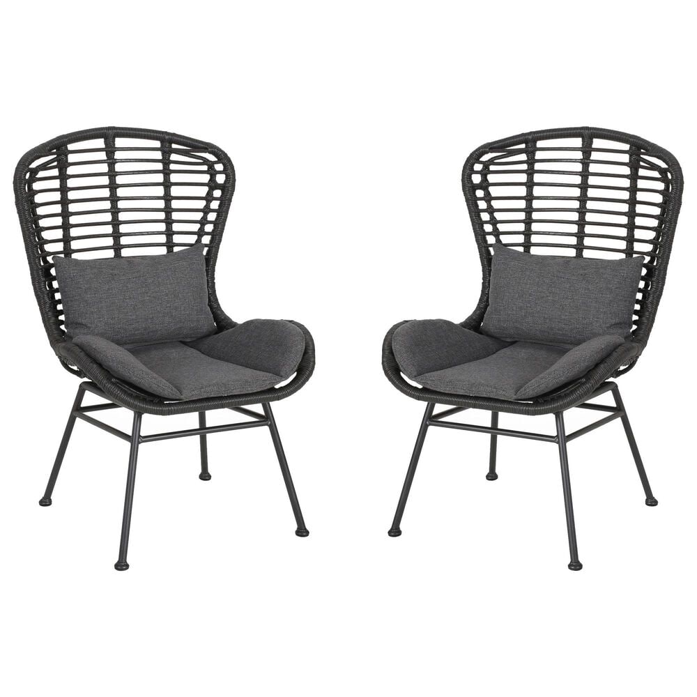 Hearth and Haven Frazer Patio Rattan Chair with Gray Cushion in Black (Set of 2), , large