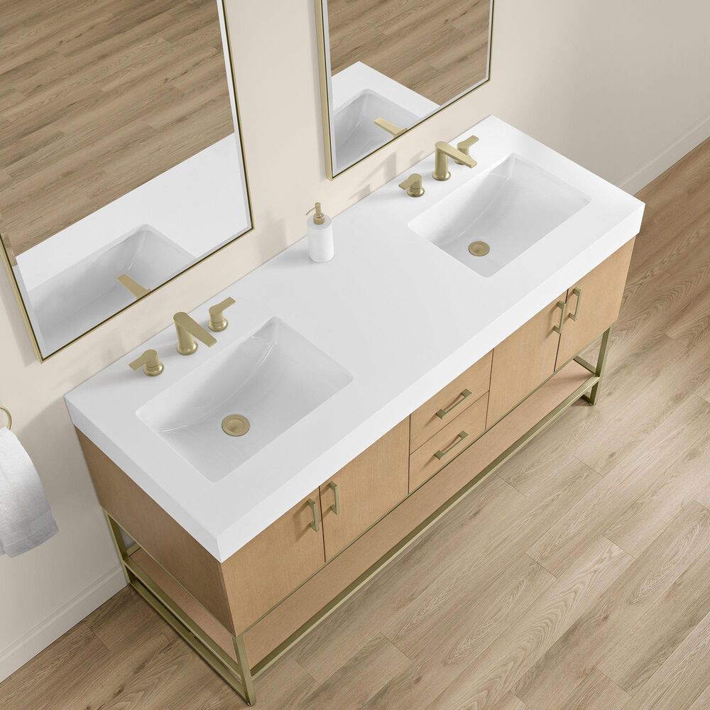 37B Mauri 60" Double Bathroom Vanity with Metal Base in Warm Oak with High-Profile 4" White Composite Stone Top, , large
