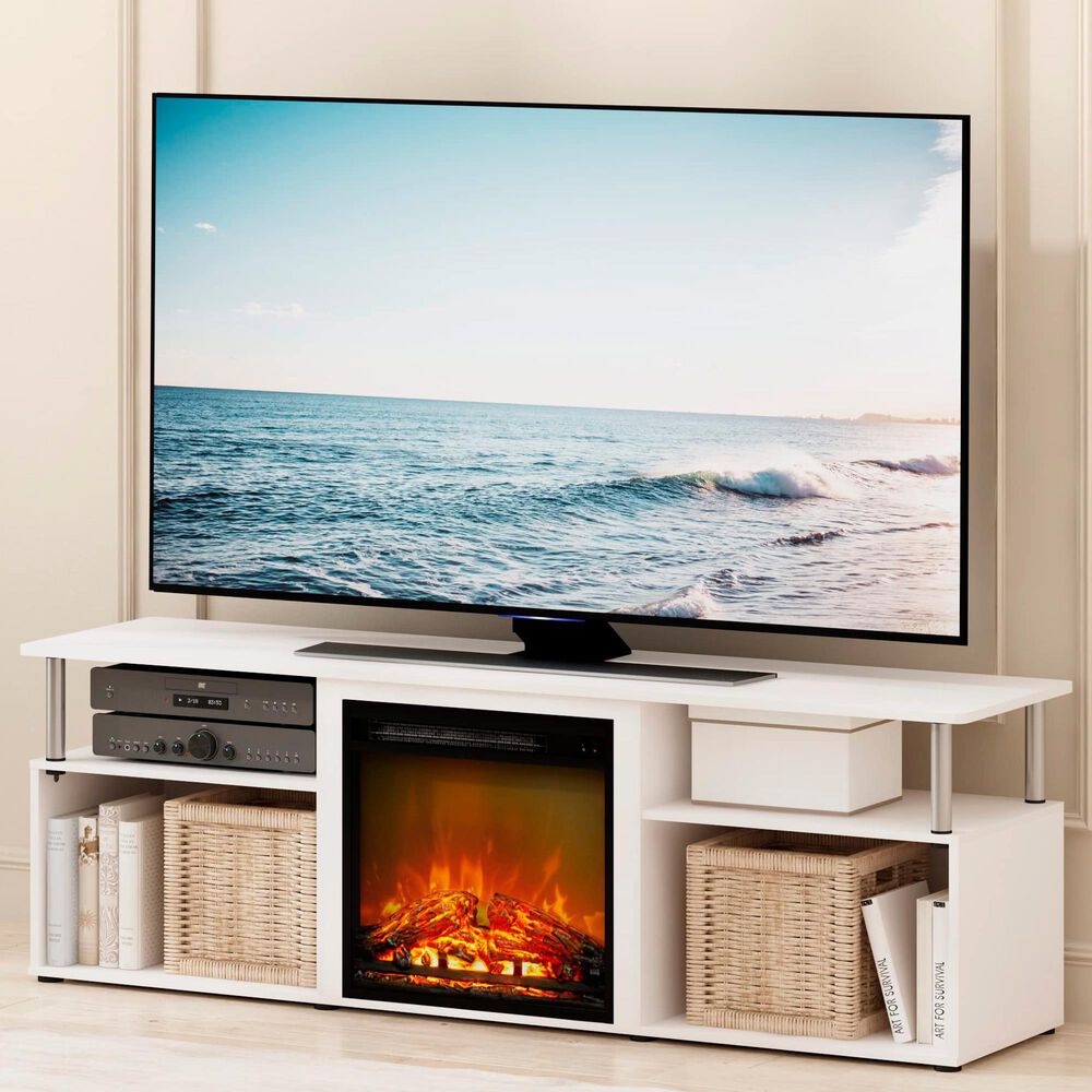 HOMLUX 63" TV Stand with Electric Fireplace in White Oak and Stainless Steel, , large