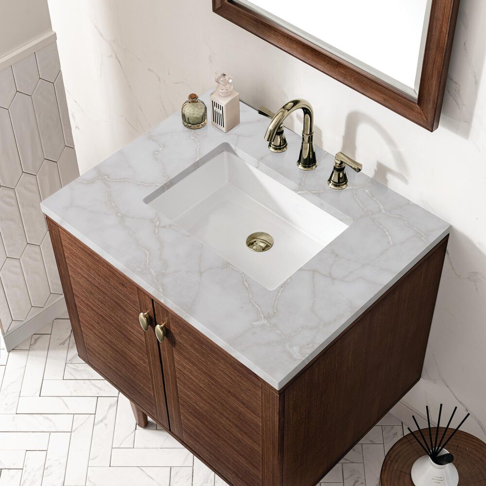James Martin Vanities Amberly 30&quot; Single Bathroom Vanity in Mid-Century Walnut with 3 cm Victorian Silver Quartz Top and Rectangular Sink, , large